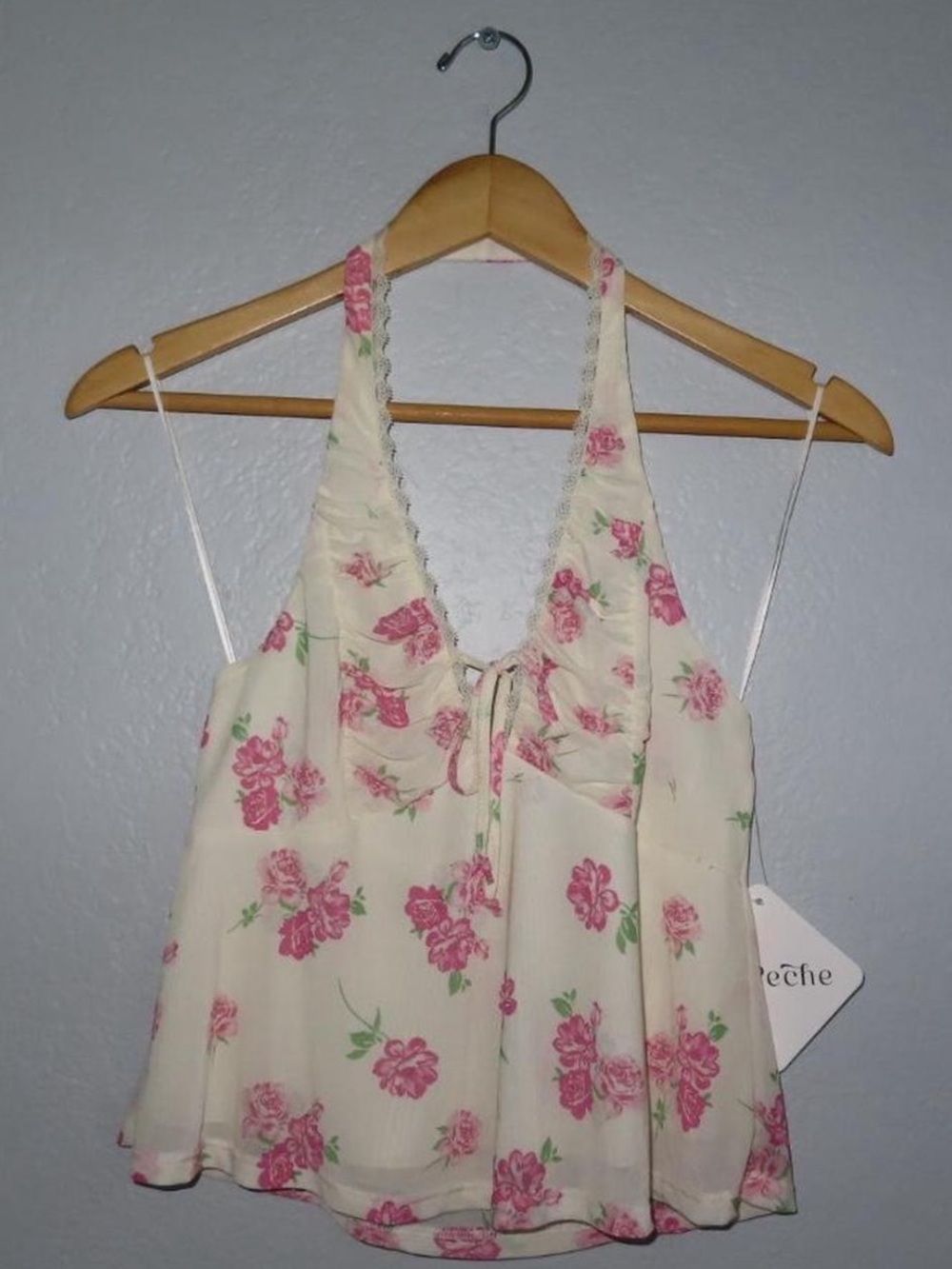 Floral Lace-Trim Halter Cami Top - Cream with Pink Roses